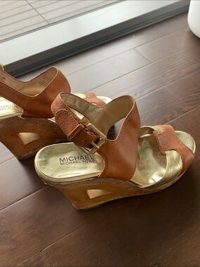 Michael Kors Tan Leather Cork Wedge Sandals with Gold Footbed